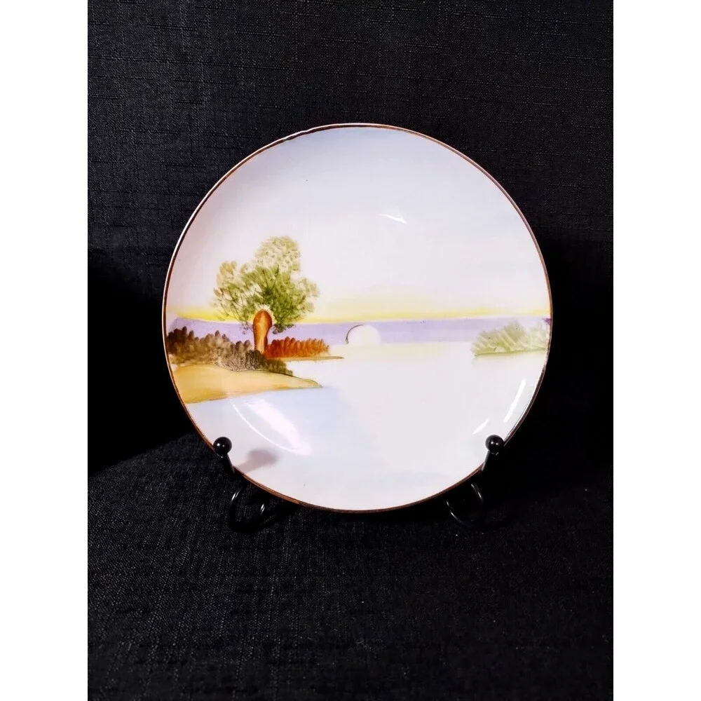 Set of 3 Vintage Meito Japan Hand Painted Scenic Lakeside Decorative Plates